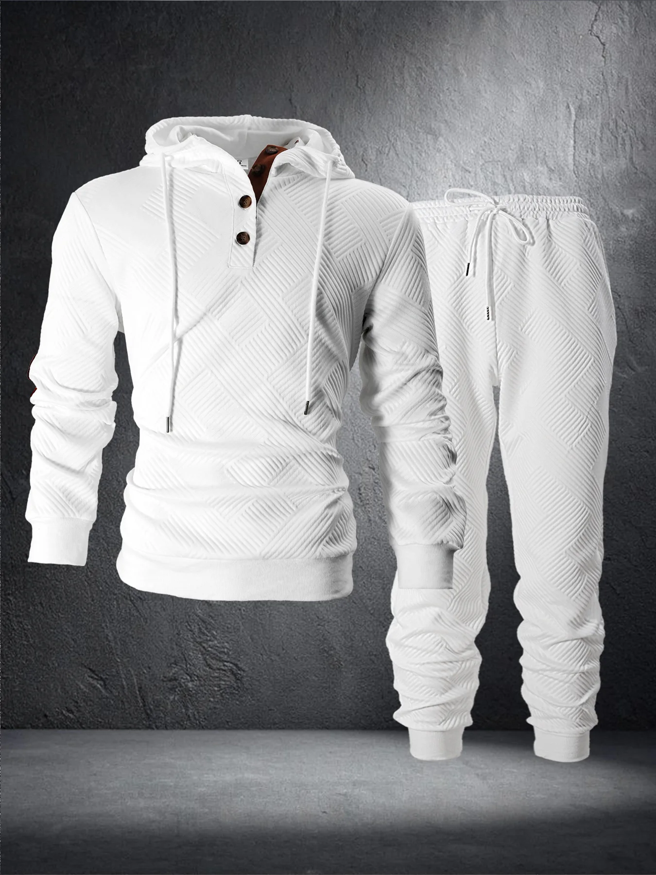 

Men's 2 Piece Diamond Jacquard Hooded Outfits, White Half Button Sweatshirt & Jogger Pants Set