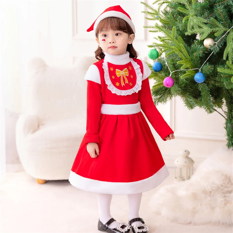 Kids Christmas Fleece Lined Warm Dress Bowknot Red Clothes Girls Xmas Present New Year Carnival Party Children Costume With Hat