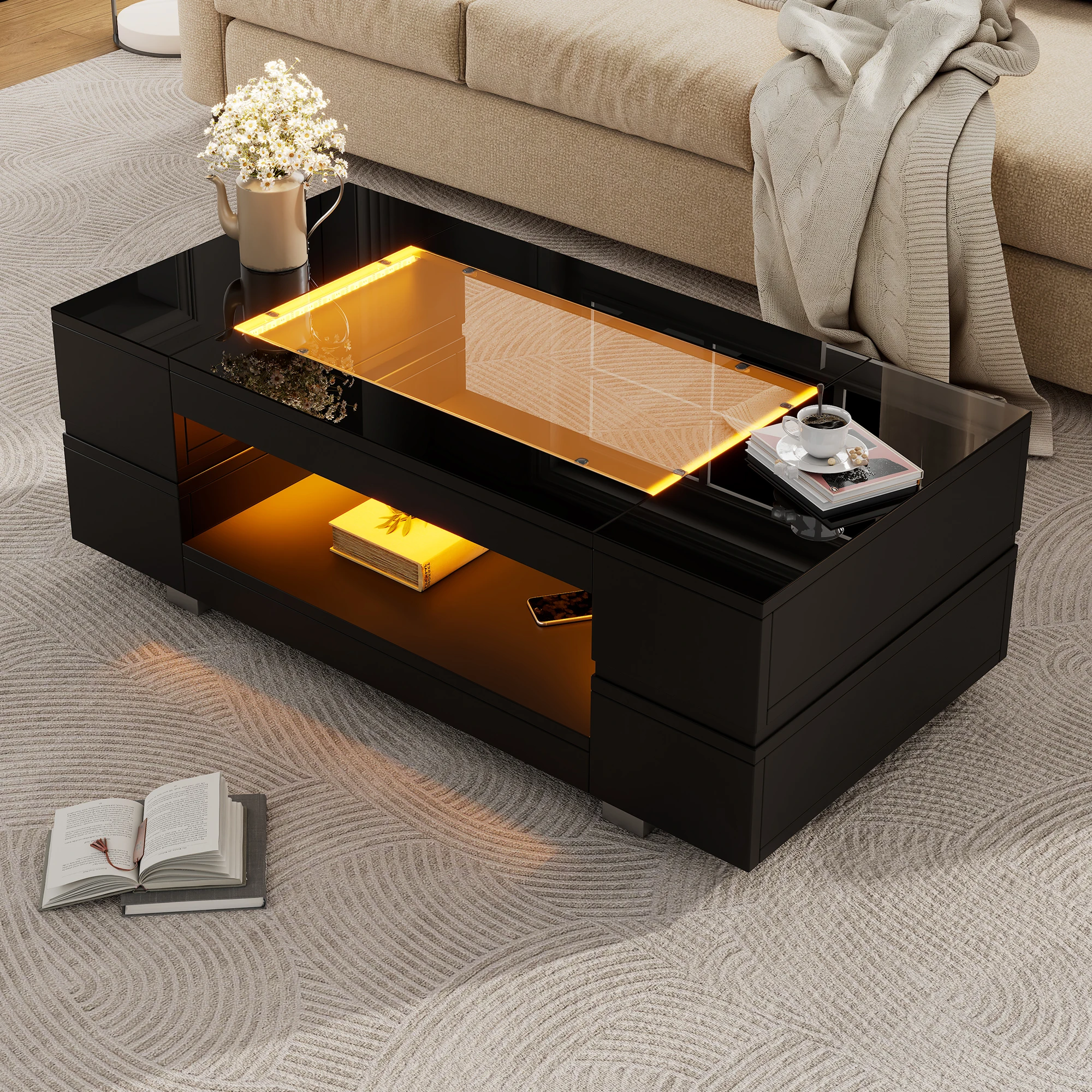 Table basse rectangulaire LED avec rangement à 2 niveaux et contrôle par application - Verre trempé noir 100 × 50 × 35 cm