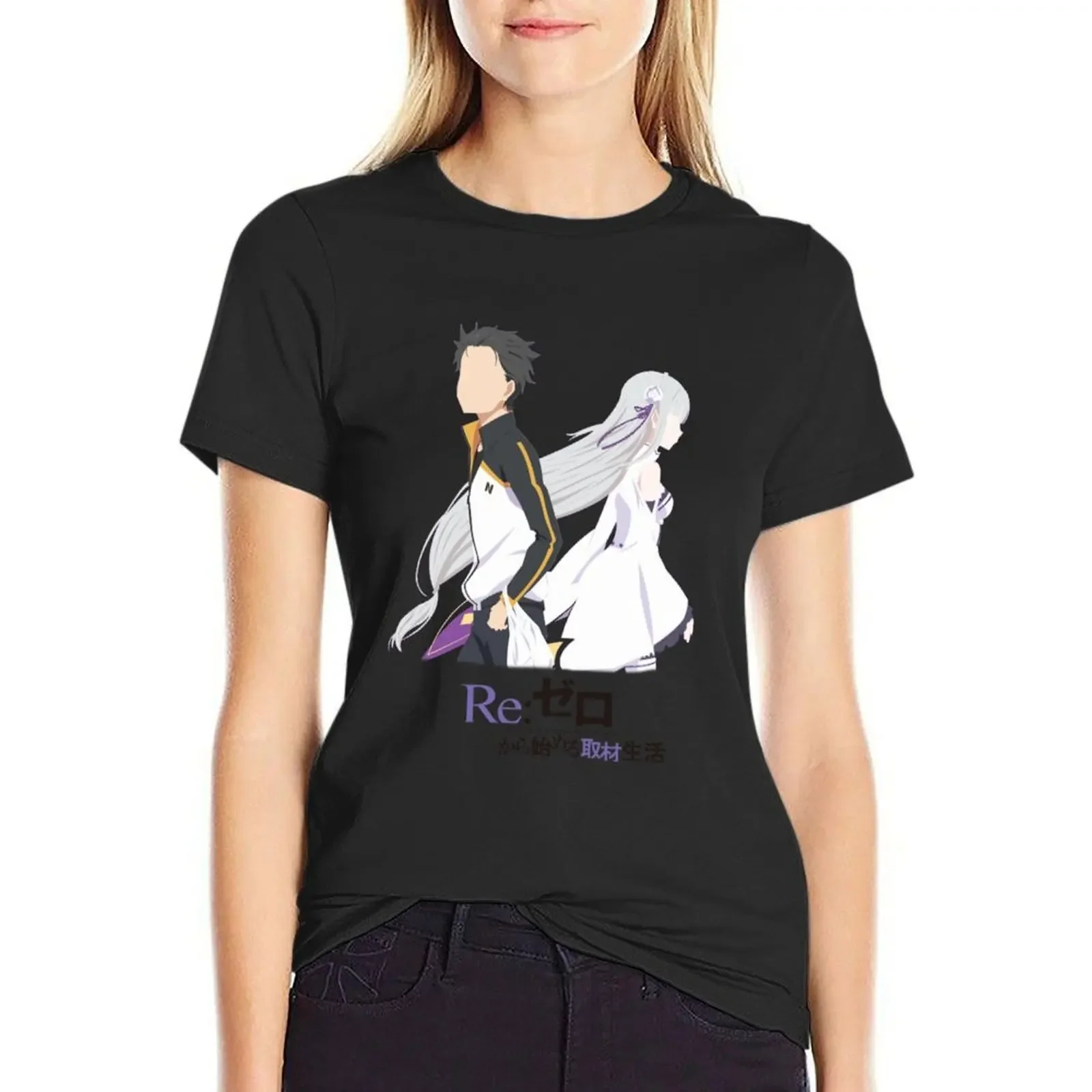 

Re:Zero Sub and Emi Minimalist T-Shirt Short sleeve tee anime clothes plain plain t shirts for Women