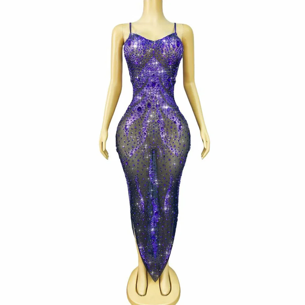 

Sexy Stage Flashing Rhinestones Transparent Mesh Suspenders Dress Evening Party Gown Show Stage Performance Photoshoot Outfit