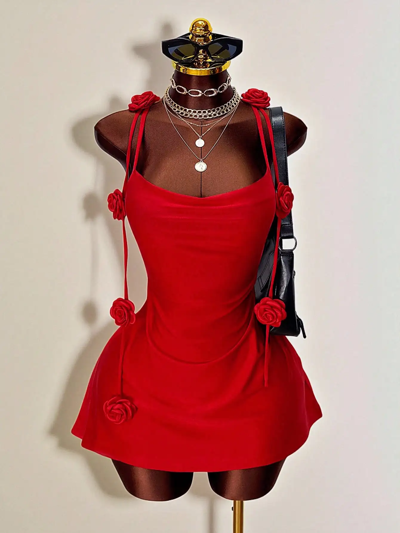 

Red 3D Rose Embellished Halter Mini Dress, Backless Drawstring, Slim Fit