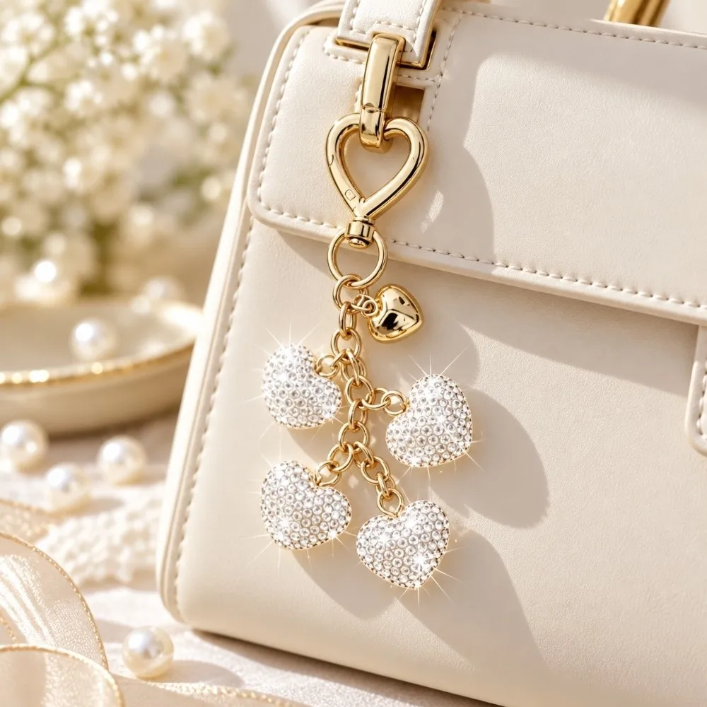 Versatile Layered Crystal Heart Rhinestone Keychain Diamond Portable Handbag Charm Creative Bling Car Key Ring Handbag Accessory