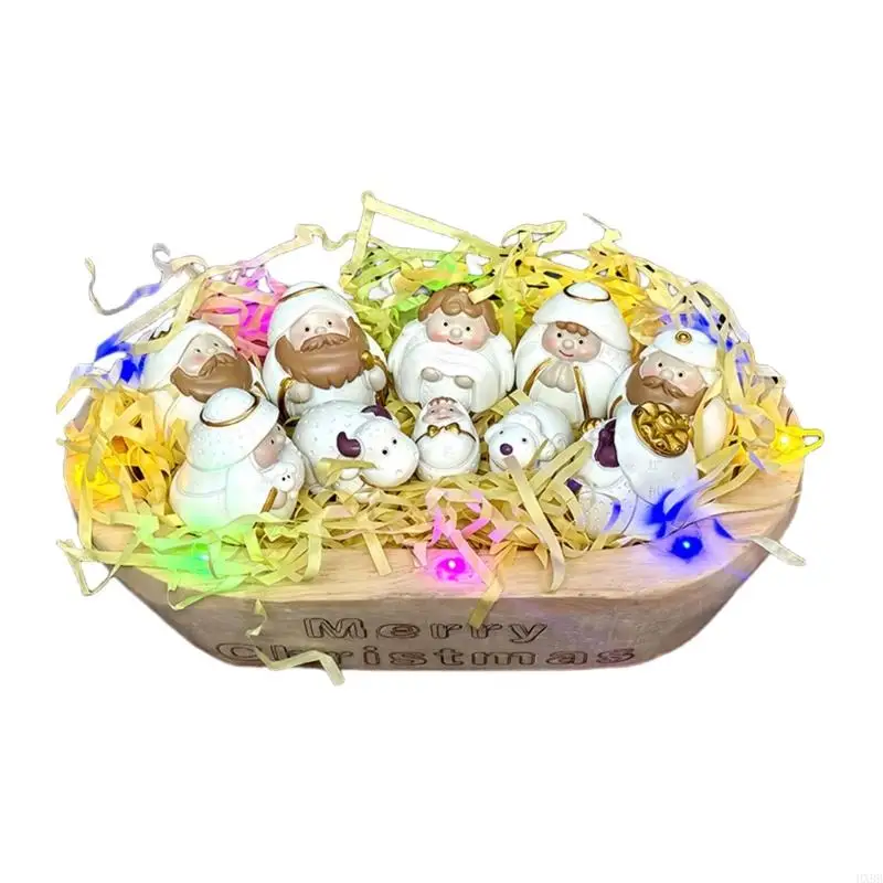2025 New Miniature Nativity Scene Figurine Illuminated LED Wooden Manger Scene Ornament for Festival Christmas Decoration