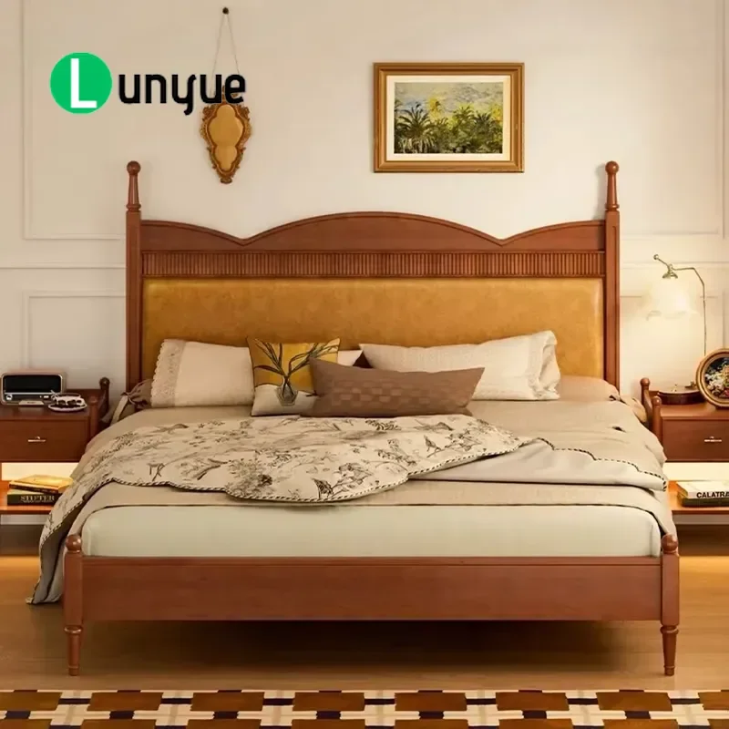 French Retro Solid Wood Hand Carved Leather Double Bed Soft Upholstered Master Bedroom Furniture Customizable
