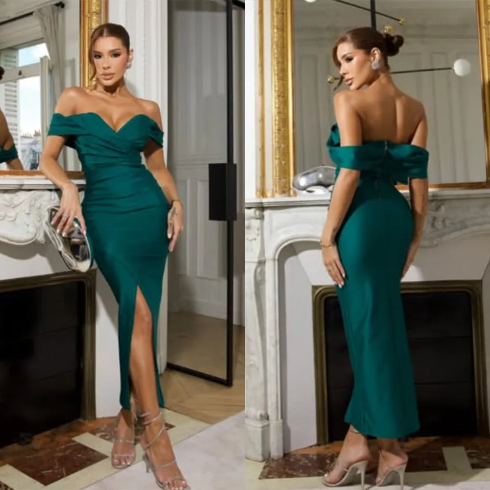 

High Quality Customized V-neck Off Shoulder Ankle Length Fork Backless Zipper Wrinkle Платье Корейский Стиль Robes De Soirée