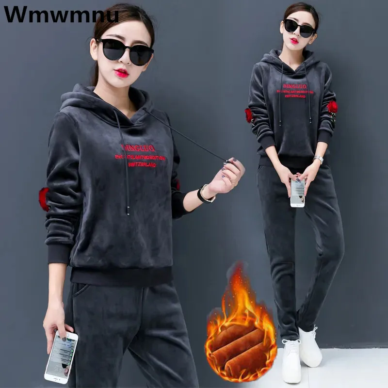 Embroidery Velvet Tracksuits 2 Piece Sets Womens Warm Plush Sweatshirts Outfit Thick Jogger Sweatpants Ensemble Fall Winter New