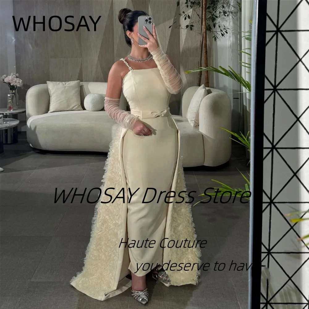 

WHOSAY Customized Beading Neckline Prom Dresses with Bow Ruffles Tulle Overskirts Vestidos Des Fiesta Ankle Length Evening Dress
