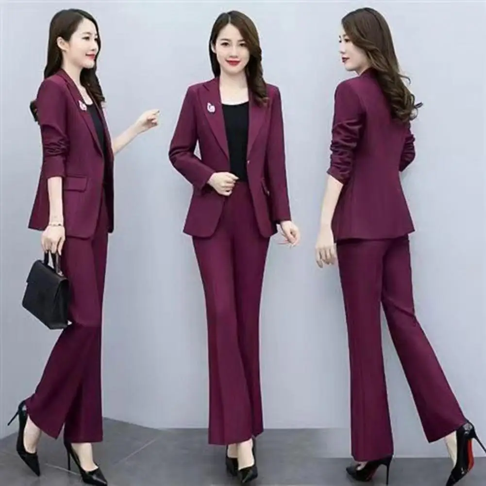 

2 Pcs/Set Lady Formal Coat Pants Set Turn-down Collar Long Sleeves Suit Jacket Slim Fit Pure Color Flared Trousers Daily Wear Co