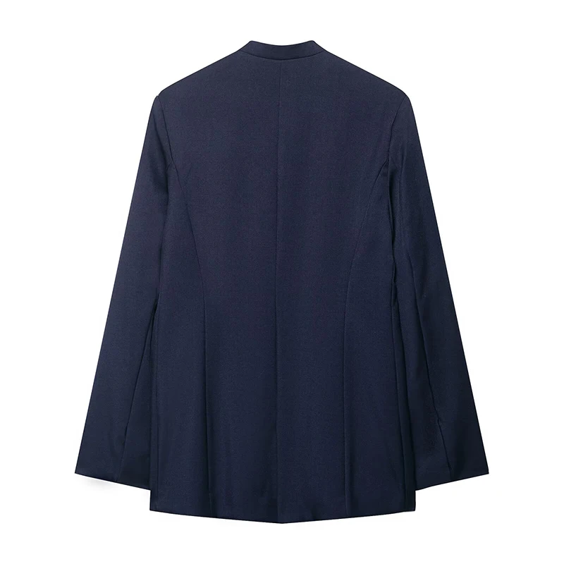 Willshela Women Fashion With Pockets Navy Blue Double Breasted Blazer Vintage Long Sleeves V-Neck Female Office Lady Outfits