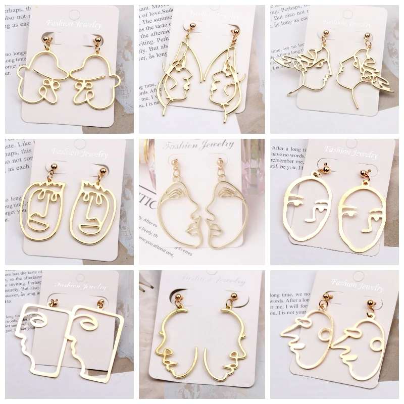 New Fashion Abstract Face Dangle Earrings Gold Color Alloy Pendants Women's Earrings Geometric Statement Unusual Earrings