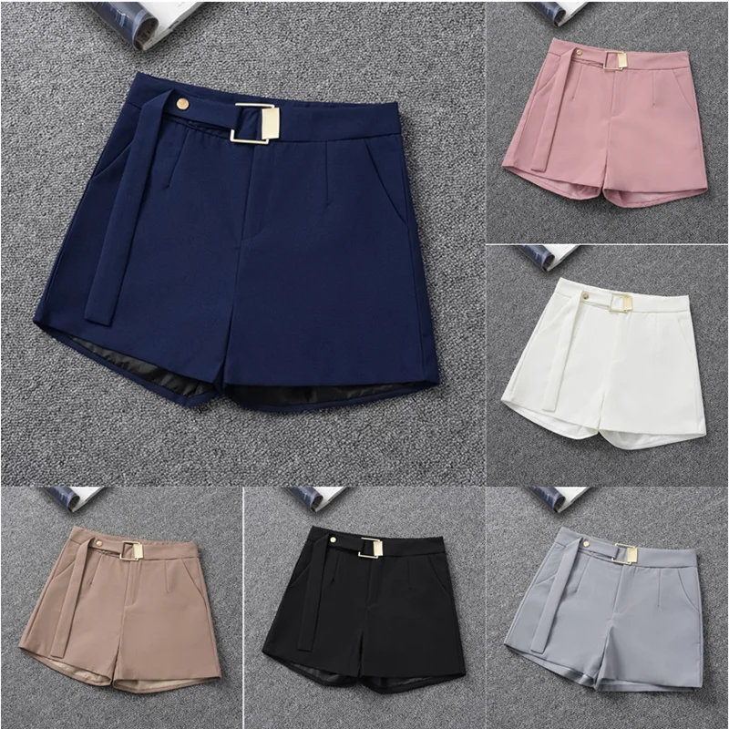 

Korean Brief Design White Suit Shorts for Women Spring Fashion Solid High Waist Green Wide Leg Shorts Skirts with Belt