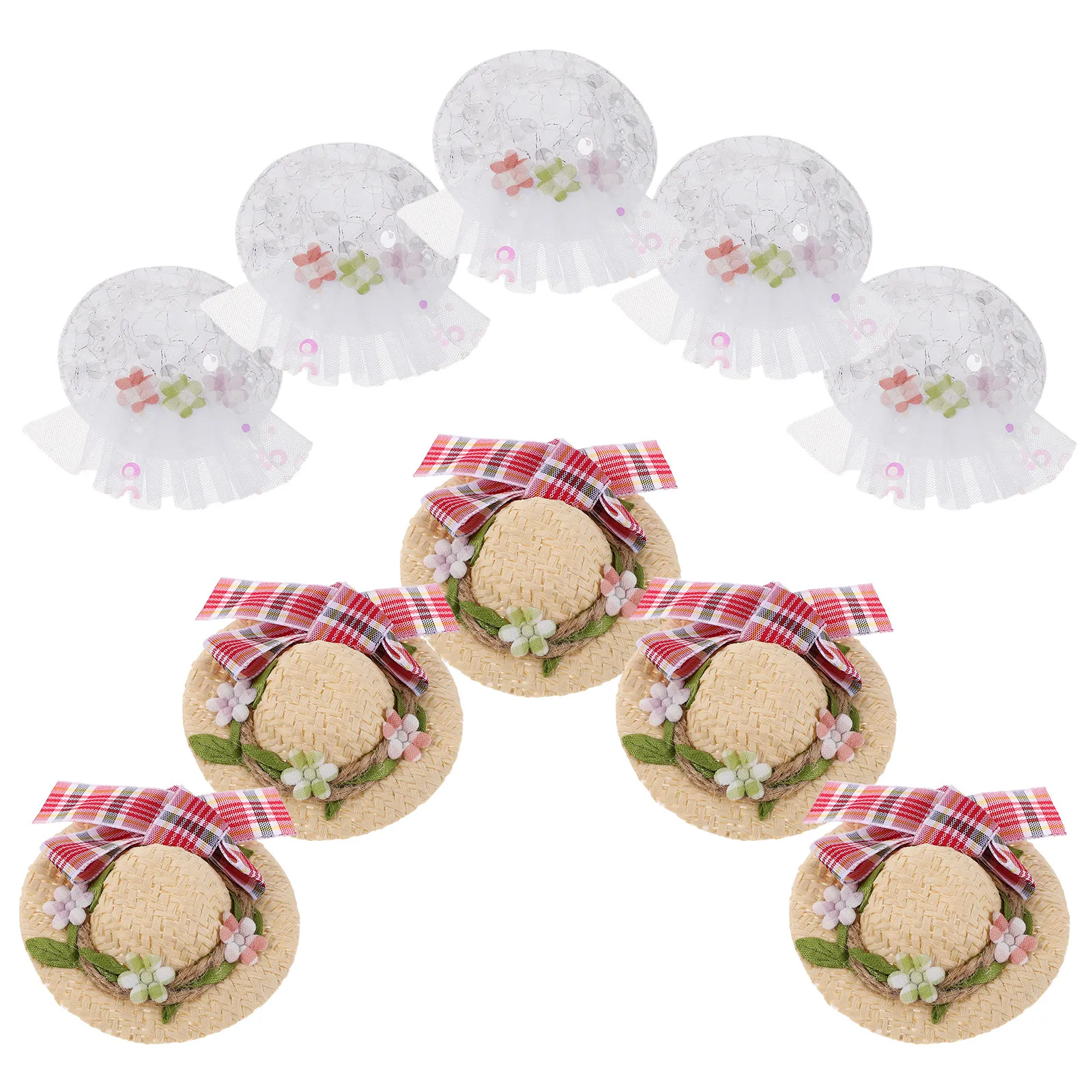 หมวกฟางขนาดเล็ก 10 ชิ้น หมวกคาวเกิร์ลขนาดเล็ก ประดับลูกไม้ โบว์ผูก งานถักมือ ของตกแต่งคริสต์มาส อุปกรณ์ DIY ของเล่น หมวกสำหรับเด็ก