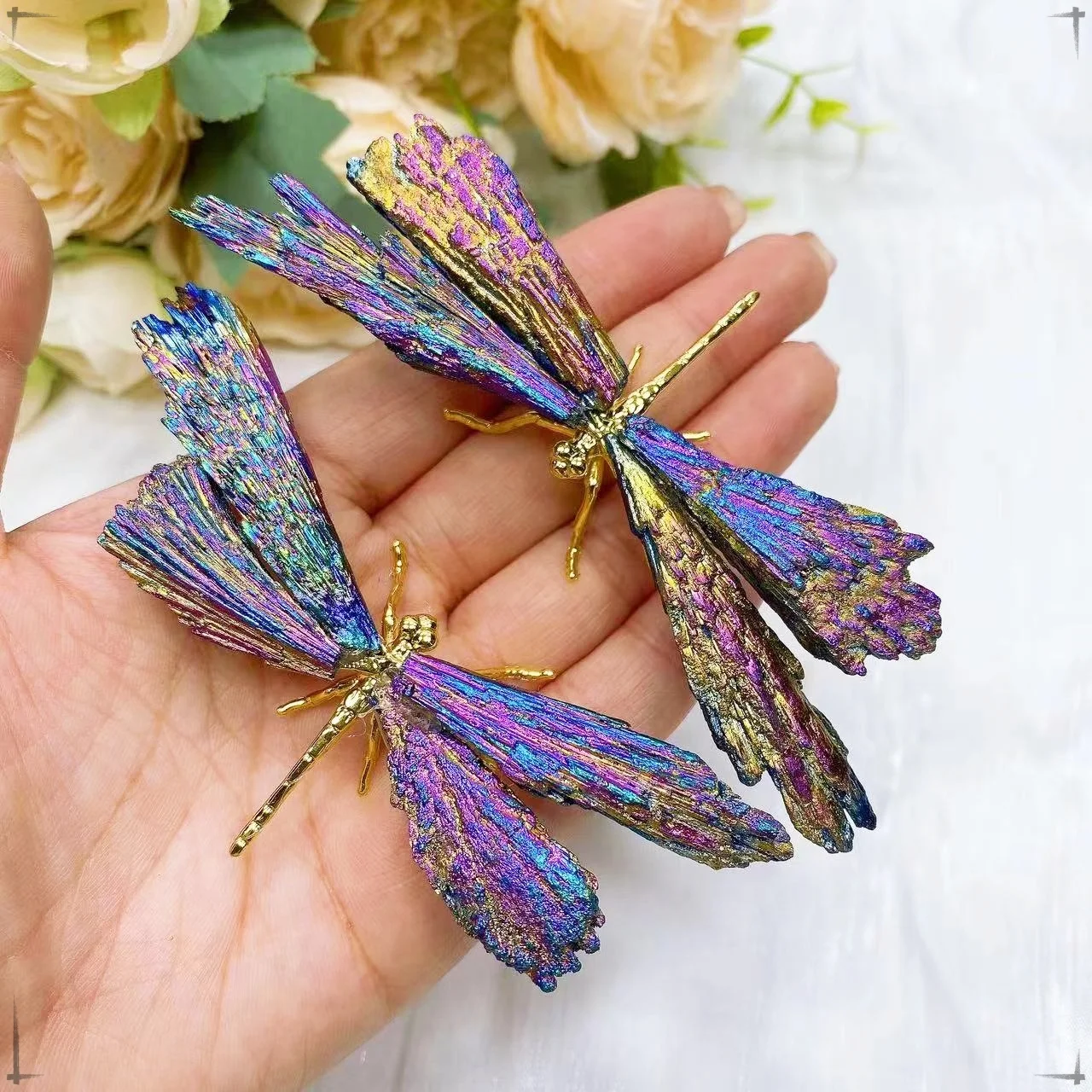 Natural Colorful Tourmaline Electroplanted Crystal Butterfly Dragonfly Spar Crafts Reiki Healing Home Desktop Decoration Gift