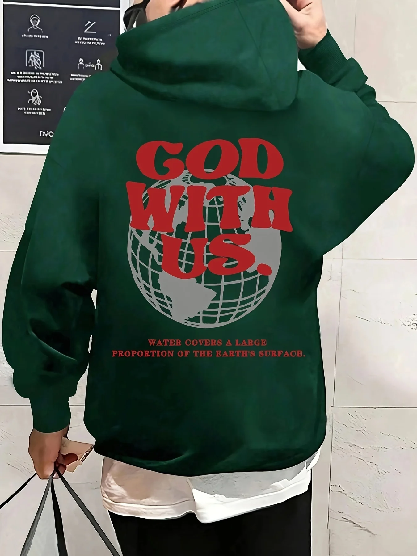 Fashion French Letter Print Men Hooded Sweatshirt Autumn Winter Daily Outdoor Sports Loose All Build Leisure Warm Street Style