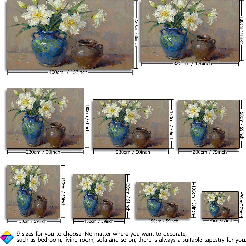 Blue vase floral tapestry 2D printing machine washable suitable for bedroom and study wall decoration
