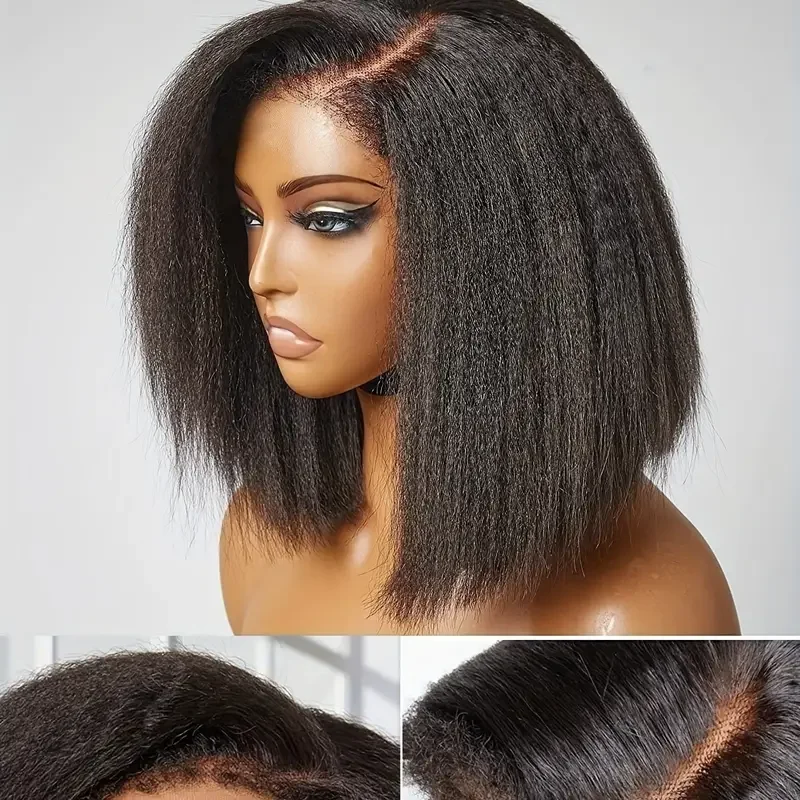 Yaki-Perruque Bob Lace Front Wig Naturelle Crépue Lisse, Cheveux Courts, HD, Transparente, Prêt à vitation, pour Femme