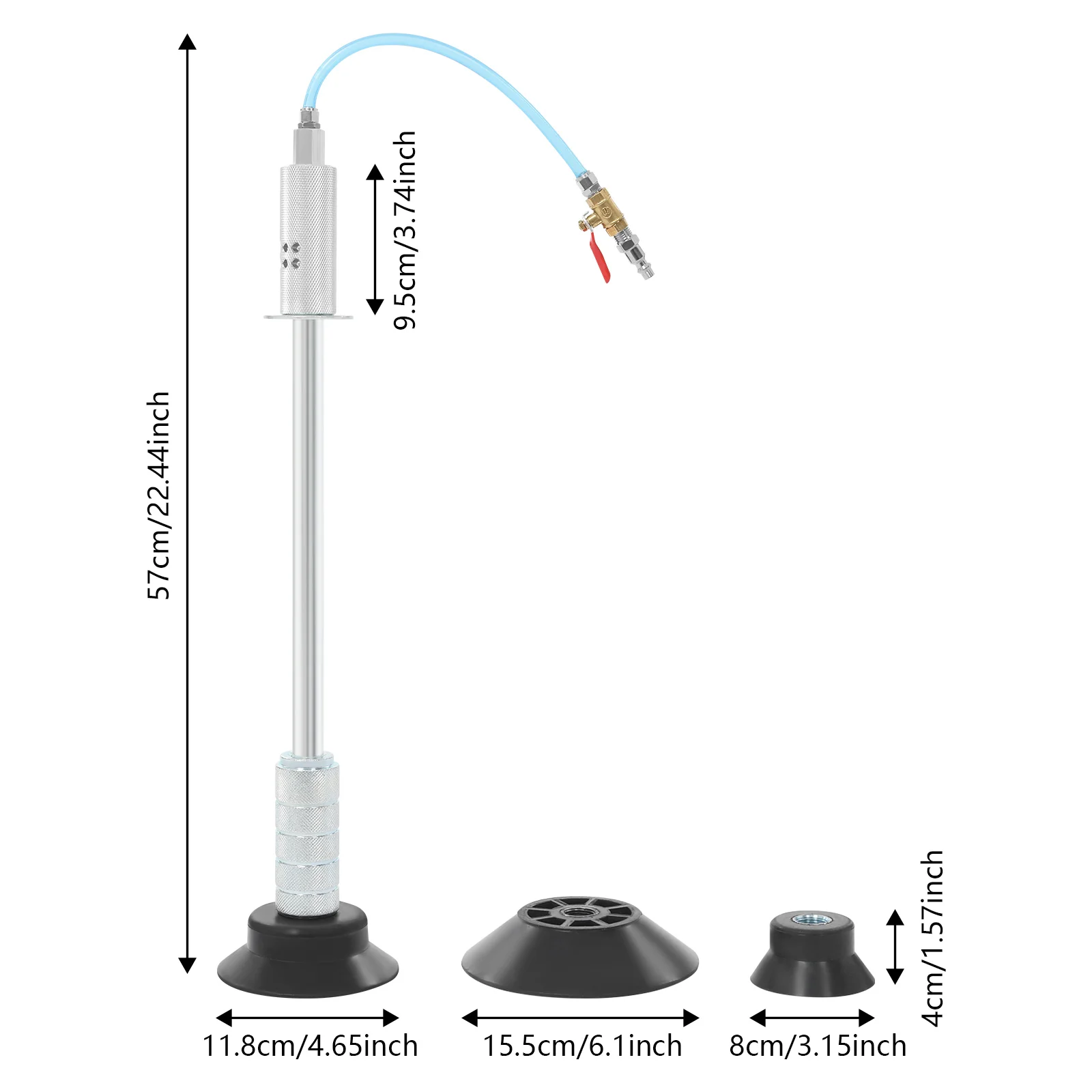 Conjunto de ferramentas pneumáticas para reparo de amassados - 3 ventosas (3,15/4,65/6,1 pol.), 70-170 PSI, aço galvanizado, mangueira e fita PTFE, seguro para pintura