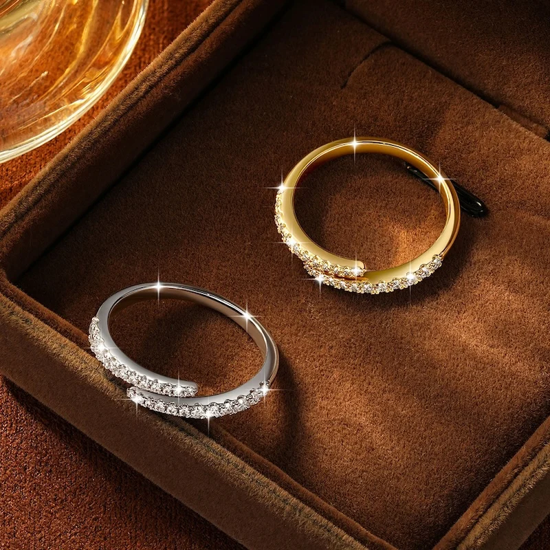 Rrjzz D-Farbiger Voll-Moissanit Halb-Eternity-Ring GRA Runder Labor-Imitationsdiamant Damen Verstellbarer Offener Ring Schmuck Geschenke – Detail 2