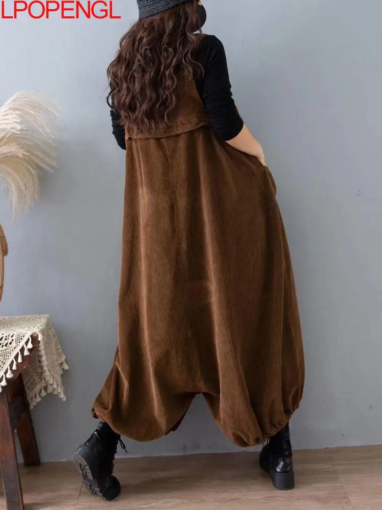 Herfst En Winter Nieuwe Effen Kleur Corduroy Oversized Overalls Vrouwen Losse Casual Bloeier Wijde Pijpen Broek Een Stuk broek Trend