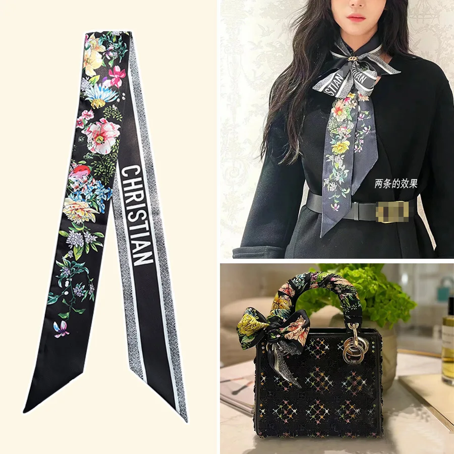 Novo lenço de seda longo floral-imitação de seda pequeno laço premium pescoço cachecol & hairband bolsa alça fita para mulher
