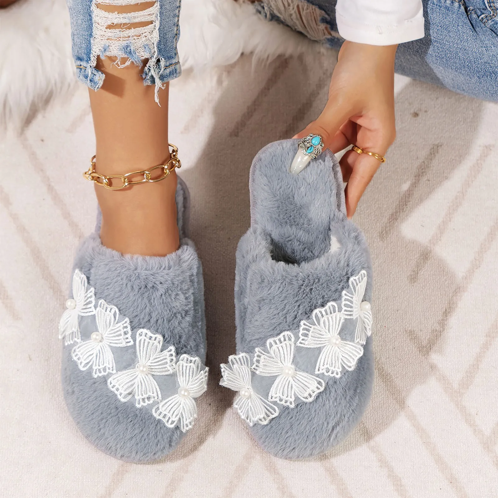 

Fashion Bow Lace for Women Slippers Plush Shallow Mouth Indoor Outdoor Slippers Casual Bedroom Solid Color Slides Women Slippers