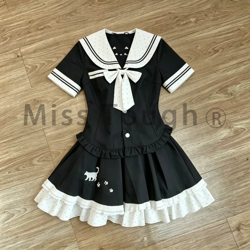 

Preppy Style Women 2 Piece Set Bow Cat Embroidery Skirt Set Sweet Soft Girl Daily School Casual Korean Fashion Kawaii Streetwear