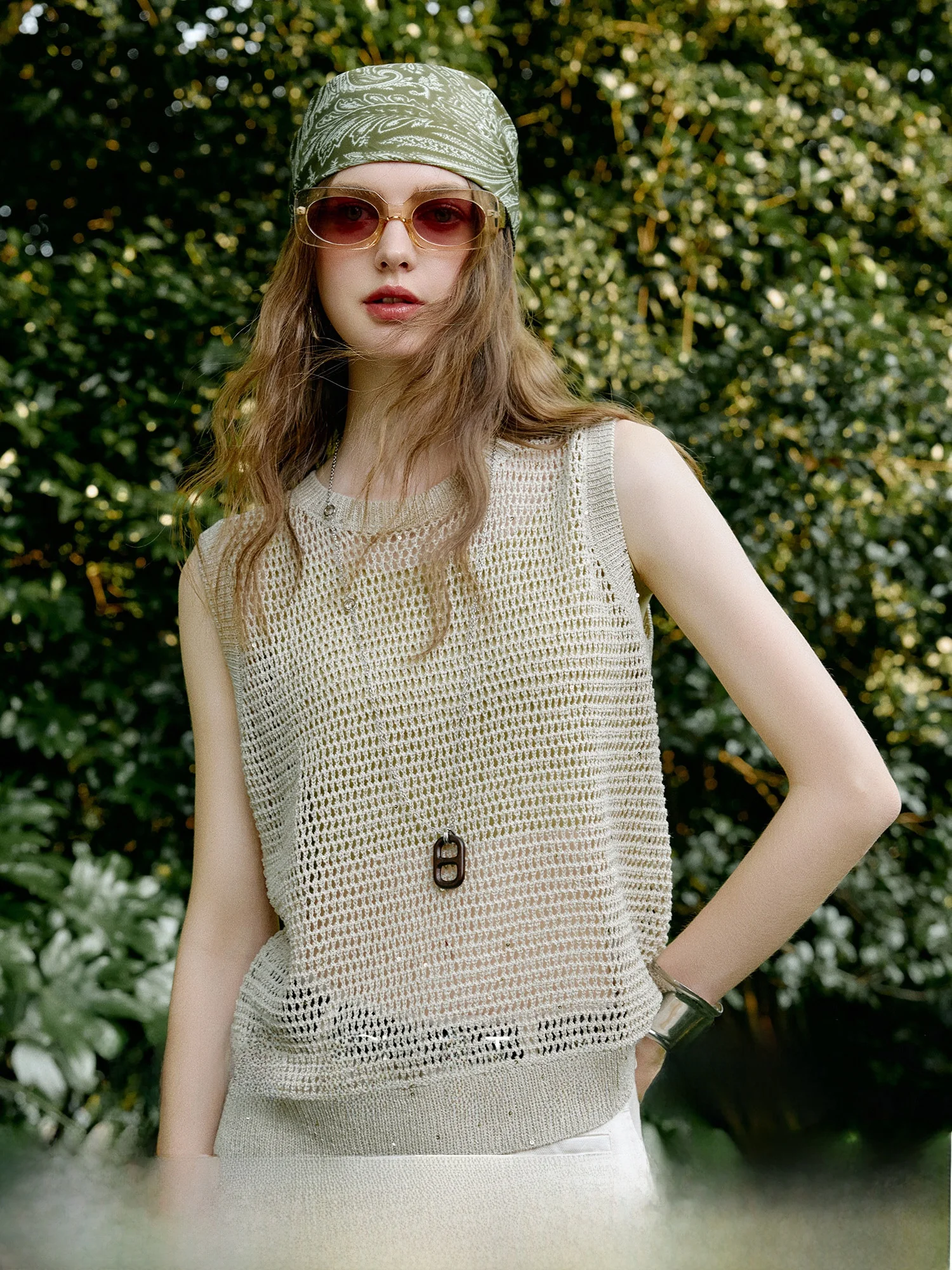 

Oxygen Permeable T-irt Lyocell Linen And Paper Yarn Hollow out Layering irt Svel Summer Top Women Knittedwear