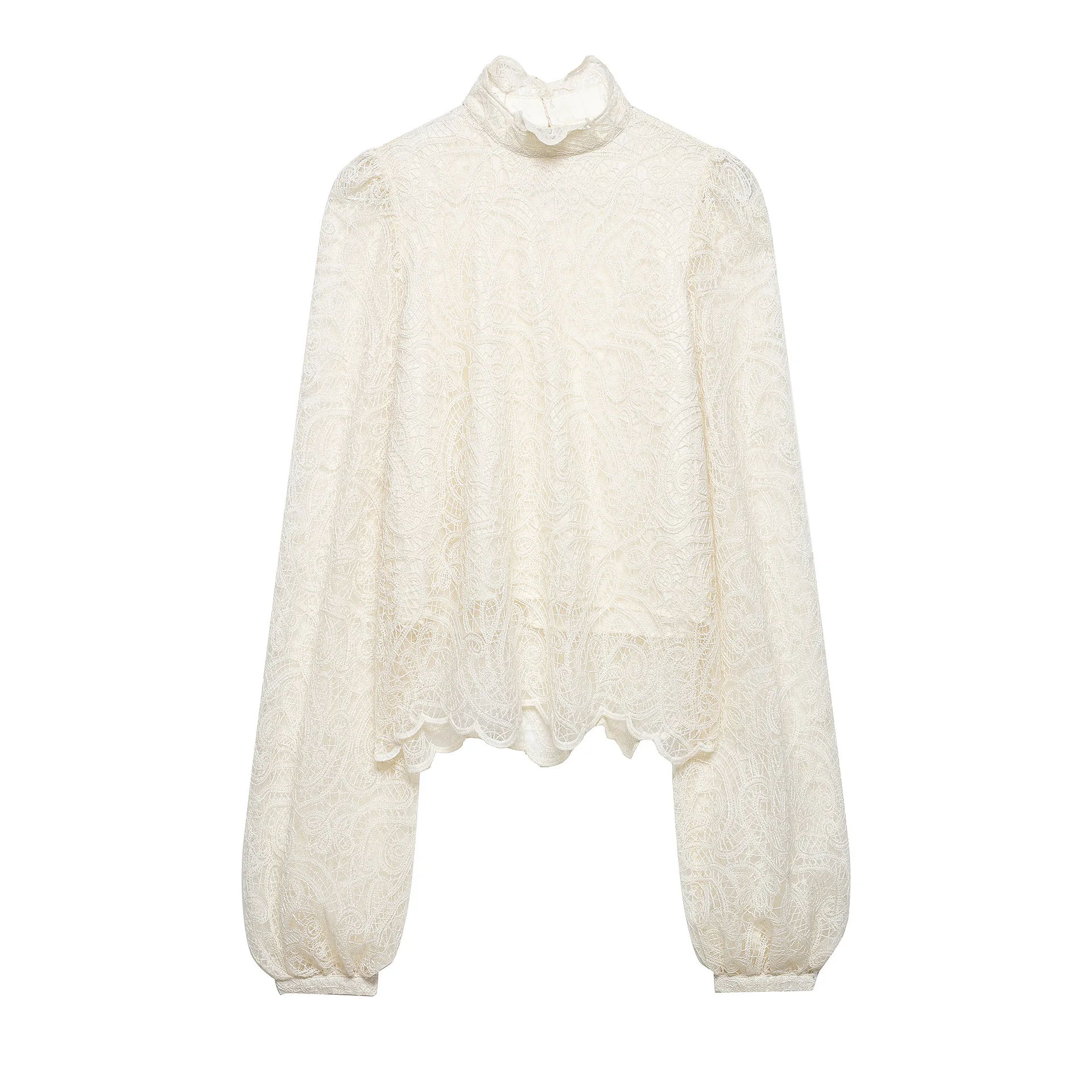 

Women's Fashion Style Lace Beige Lace Long Sleeve Blouse High Neck Puff Sleeve Casual Shirt For Spring Autumn Daily Wear OU30