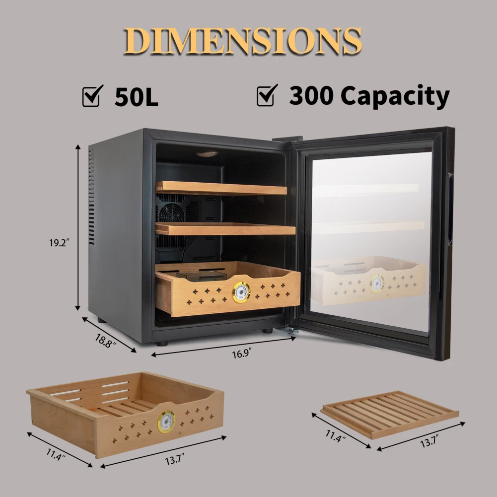 

50L Electric Humidor 300 Counts Digital Display Temperature Control Cigar Box With Spanish Cedar Wood Shelves For Gifts