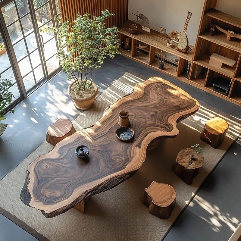 Solid wood coffee table, table and chair combination, wabi-sabi wind office, modern simple log dining table,