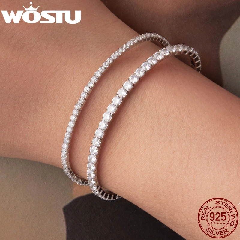 

WOSTU 925 Sterling Silver Wedding Engagement Tennis Bracelet , Women 2mm 3mm Stretchable AAA CZ Chain Links Party Jewelry Gift