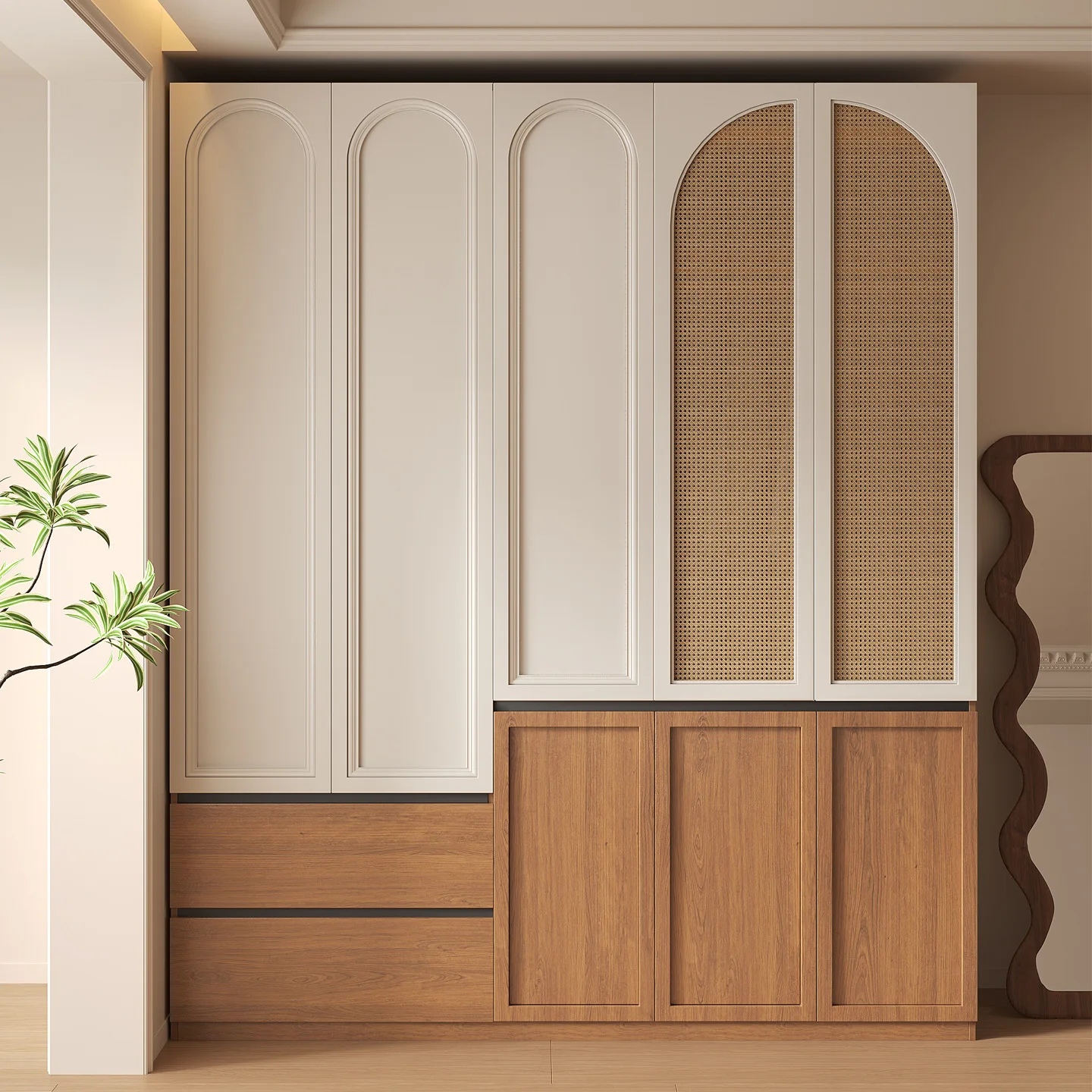 Medieval style segmented solid wood rattan wardrobe household bedroom one door to the top free solid wood pine board wardrobe