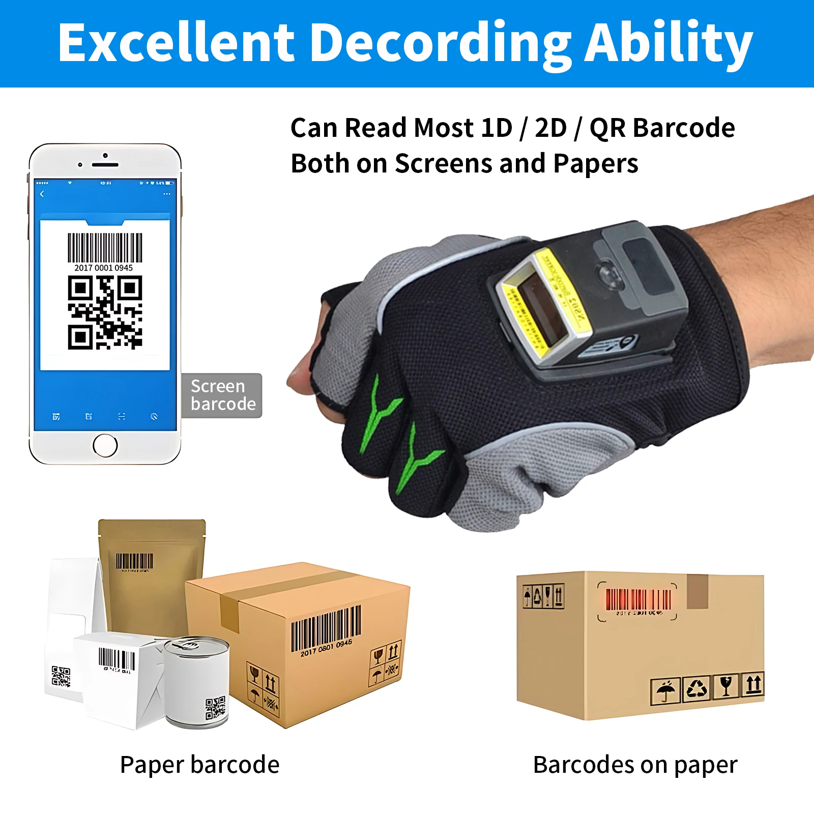 MS02 2D Glove Bluetooth Barcode Scanner Portable Bluetooth Trigger QR Code Barcode Reader Wearable Android Wireless Scanner