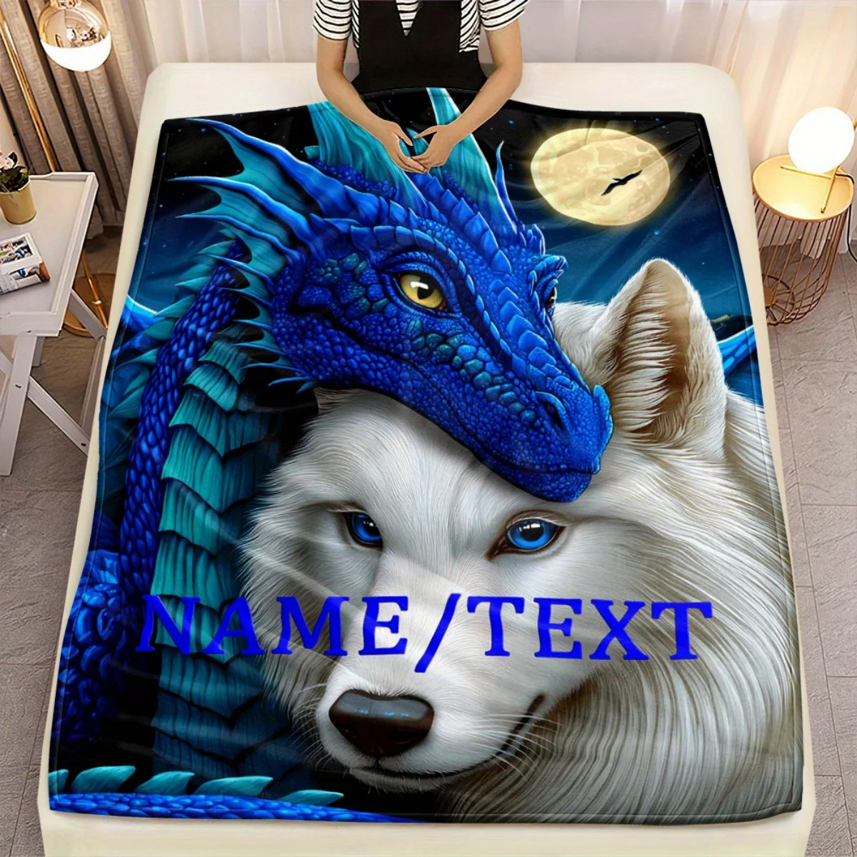 1pc Custom Name Dragon & Wolf Fantasy Flannel Blanket - Personalized HD Print Flannel Throw with Blue Dragon & White Wolf Night