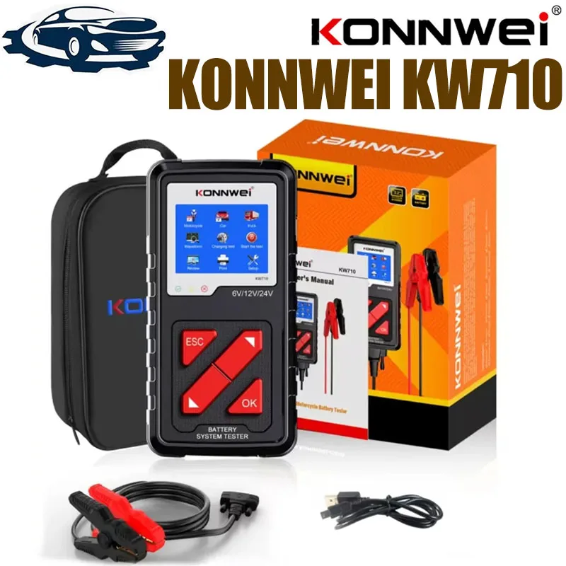 KONNWEI KW710 Motorcycle Car Truck Battery Tester 6V/12V/24V Battery Analyzer 2000 CCA Charging Cranking Test Tool PK KW720 KW85