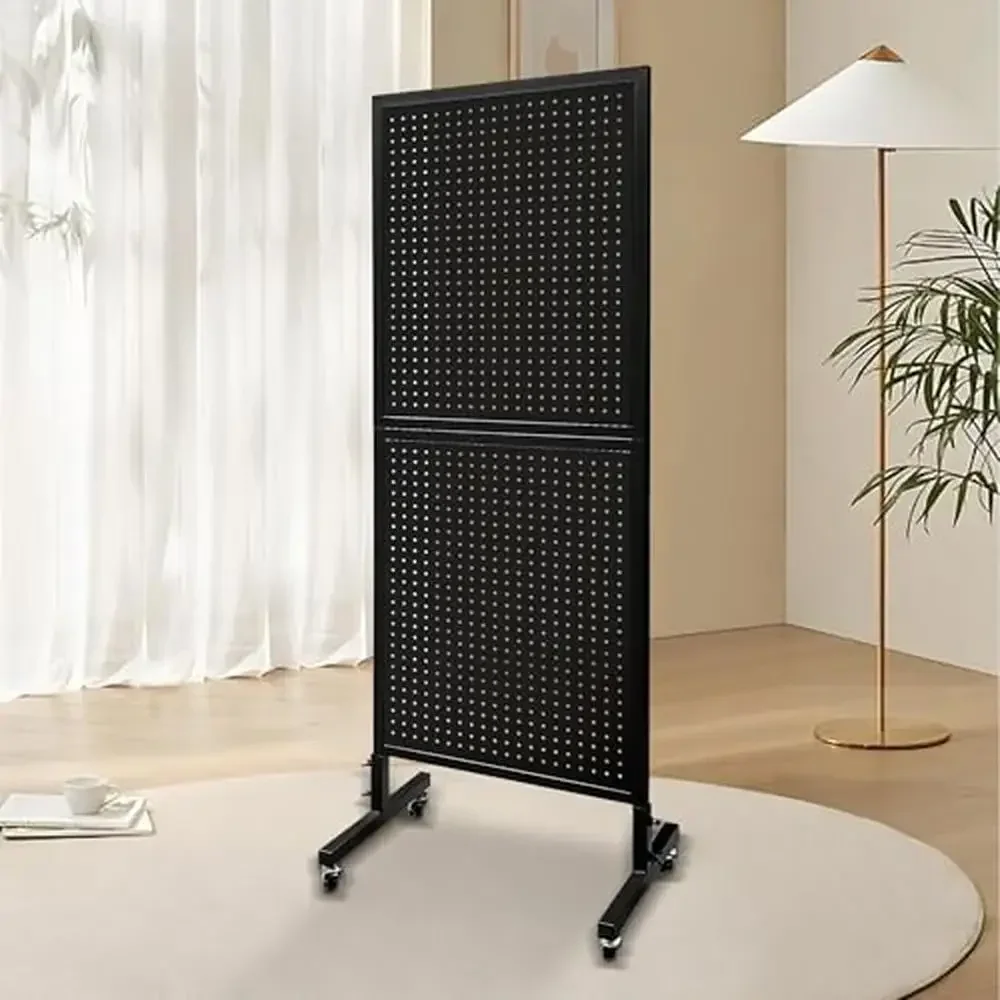 Metal Pegboard Display Stand with Wheels and 30 Hooks Durable Metal Panels Space Efficient Lockable Casters Ideal Garage Retail