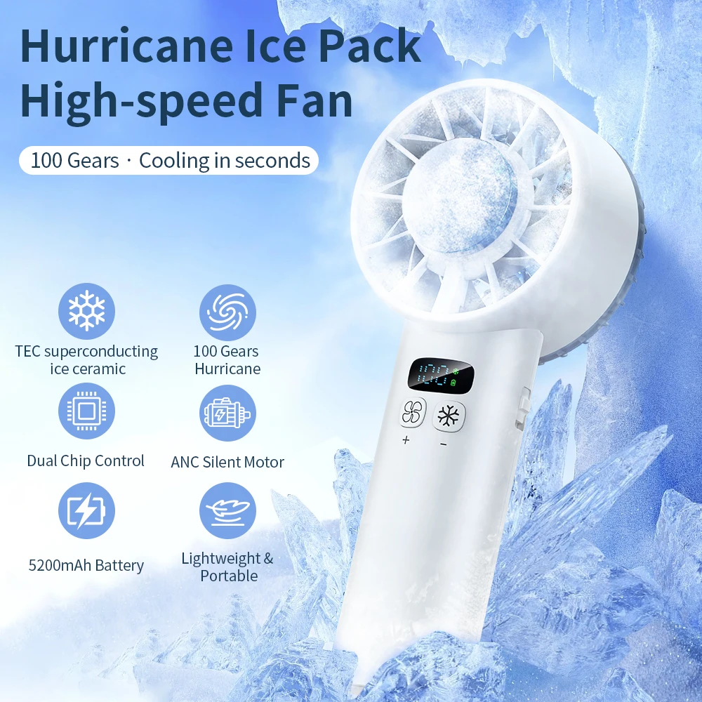 Ice Compress High-speed Cooling Fan Handheld Fans USB Rechargeable Portable Mini Fan LED Digital Display Travel Camping Outdoor