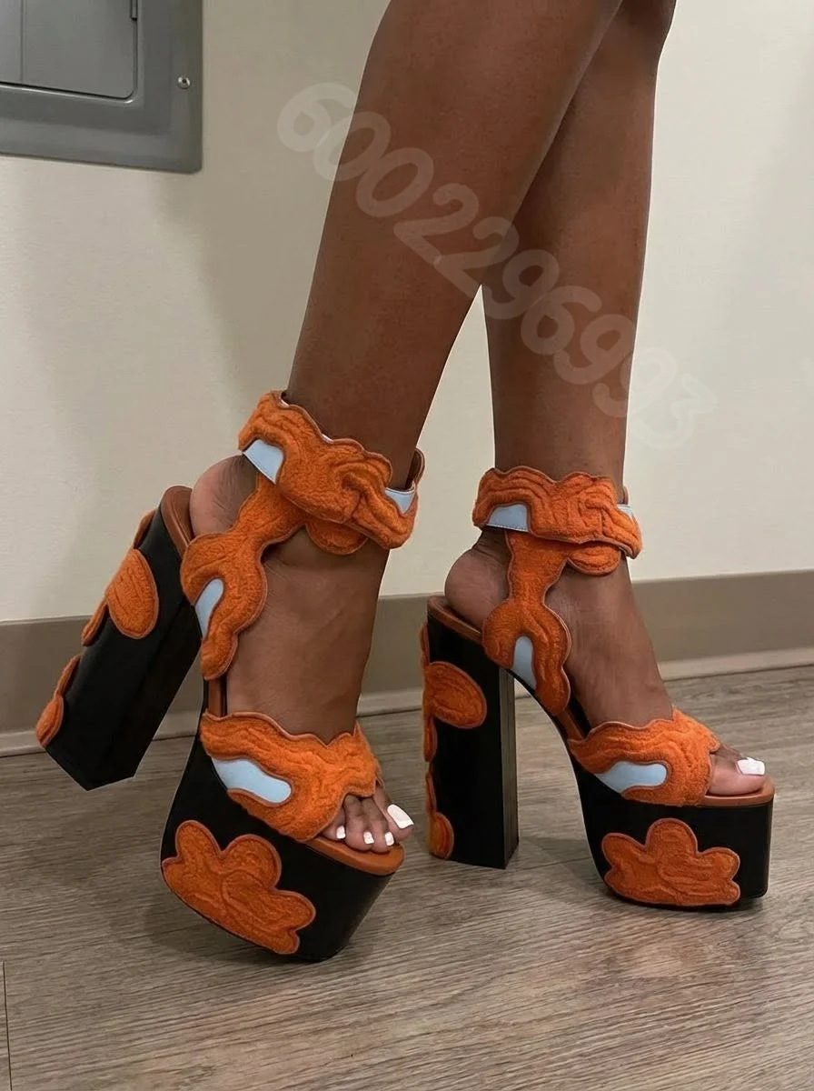 Women Retro Abstract Wavy Floral Patchwork Platform Sandals Chunky Block Heel Peep Toe Ankle Strap Statement Party Festival Shoe