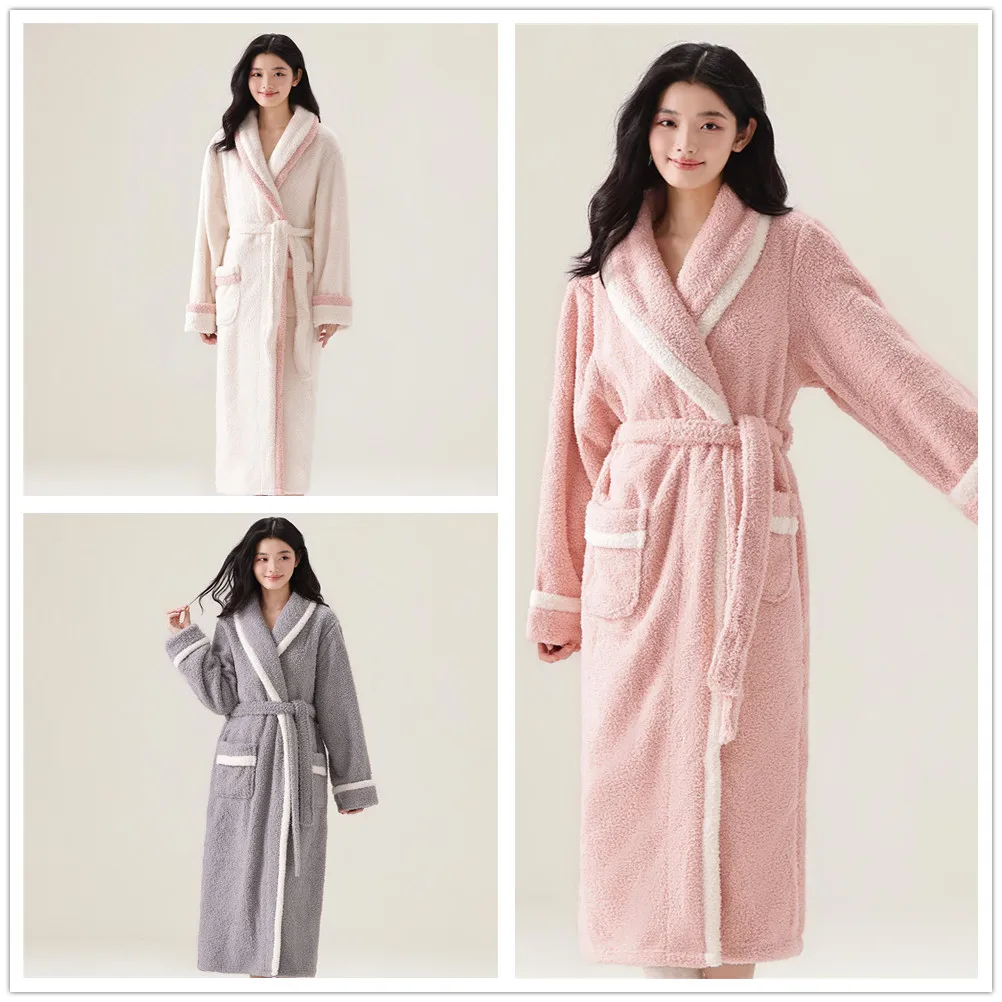 Thicken Flannel Women Men Long Robe Home Dress Winter Warm Couple Sleepwear Loungewear Coral Fleece Nightwear Loungewear