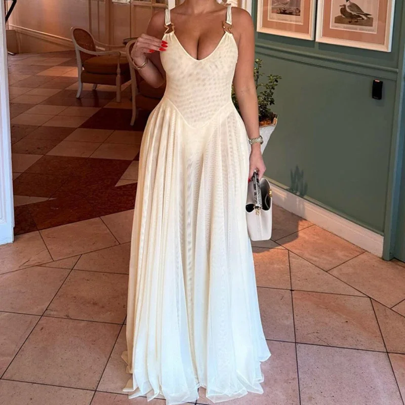 

Dresses for Women 2025 Summer Sexy Elegant Slimming V-neck Backless Strap Long Skirt Temperament Mesh Maxi Evening Wear Dress