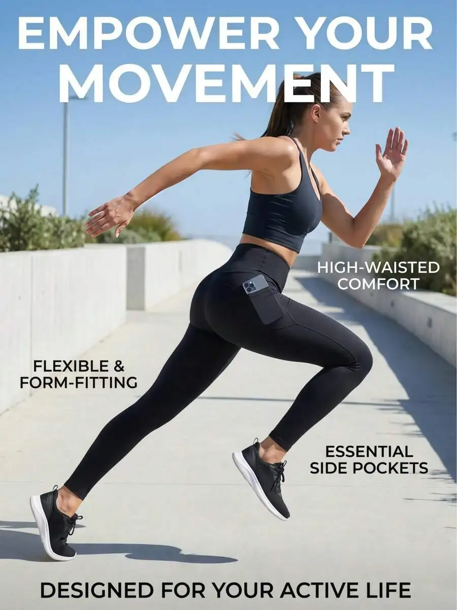 

High Waisted Yoga Leggings With Side Pockets, Butt Lifting Tummy Control Workout Pants For Women