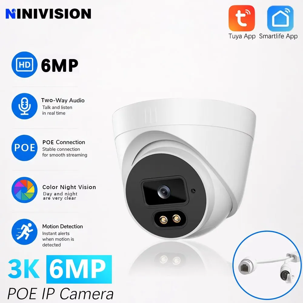6MP Tuya Smartlife Home Surveillance Camera IP POE Two-Way Audio Dome Color Night Vision Ai Detect CCTV Video Security For NVR