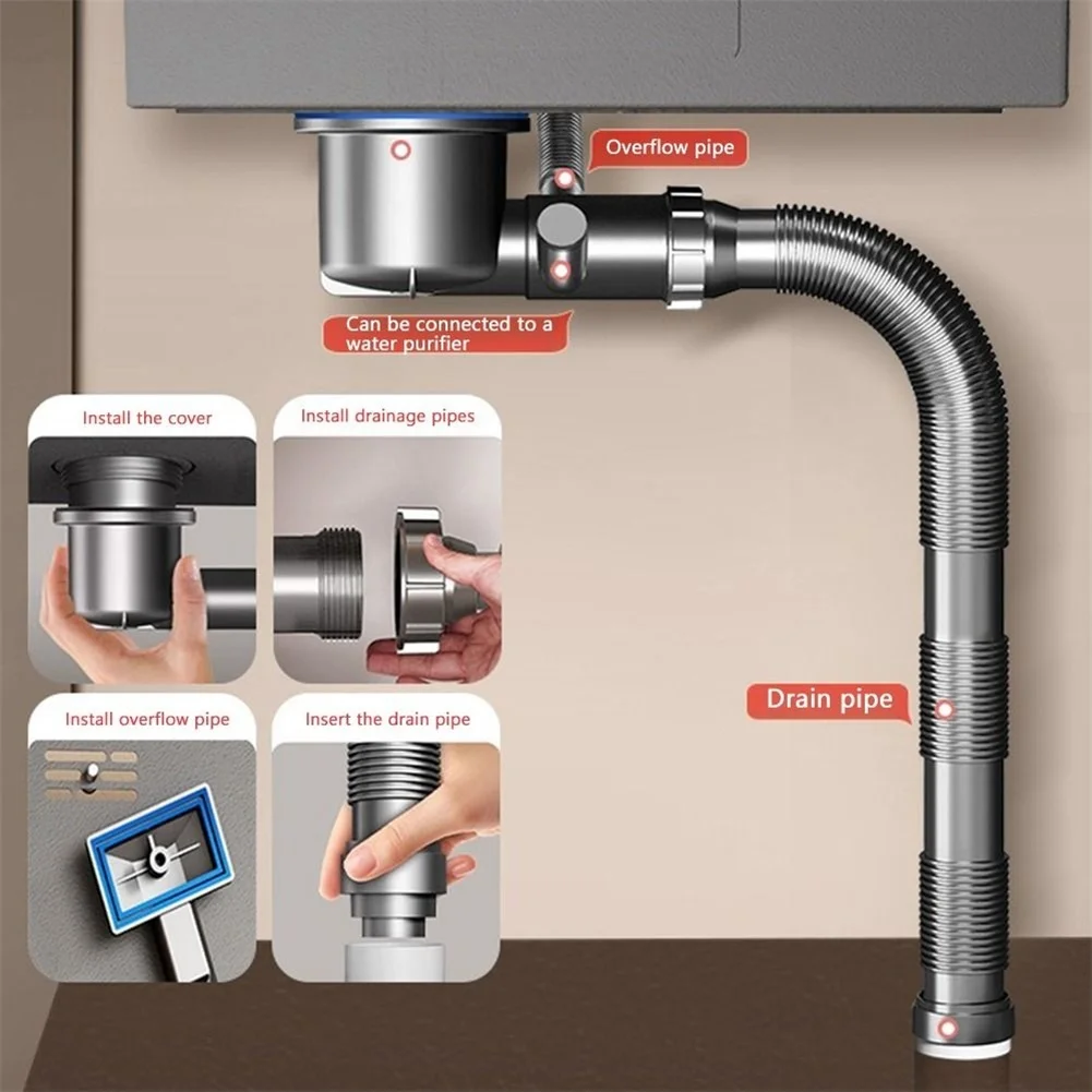 Stainless Steel Kitchen Sink Drain Pipe with Dual Overflow Spoon Cup and Automatic Sealing Valve for and Blockage