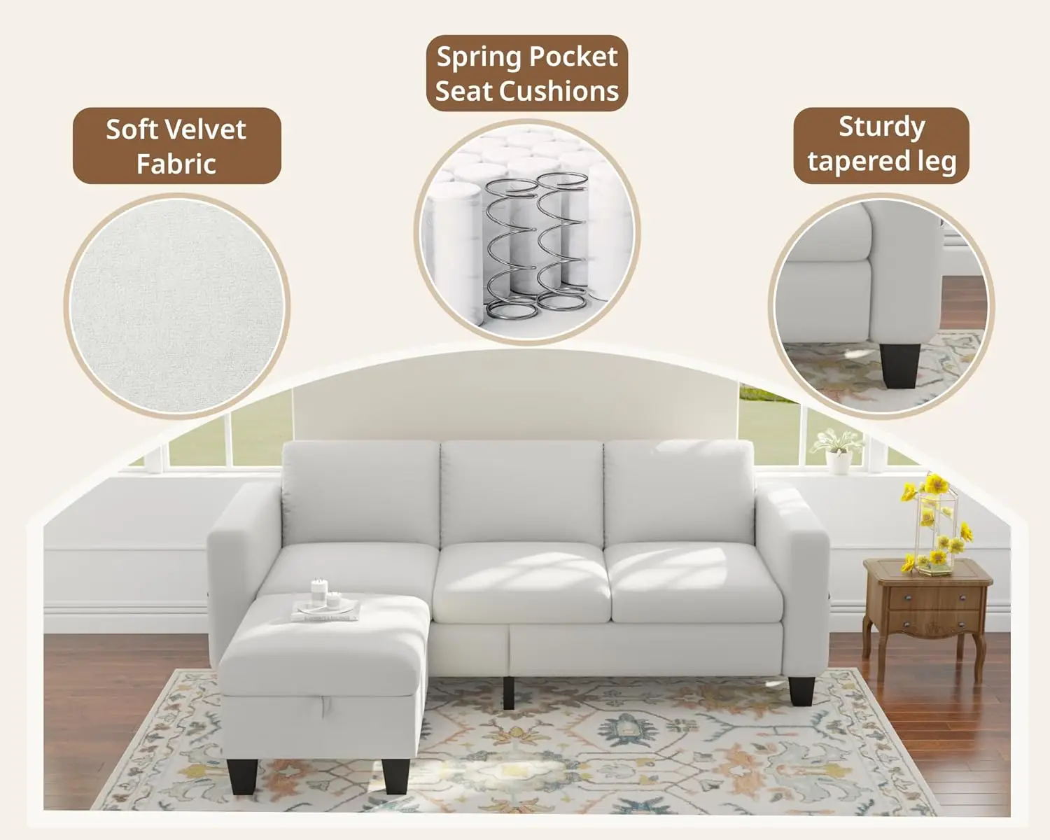 Sofa berbagian untuk ruang tamu Sofa bentuk L 78 "dengan penyimpanan Ottoman kecil 3 dudukan Sofa kain beludru, krem