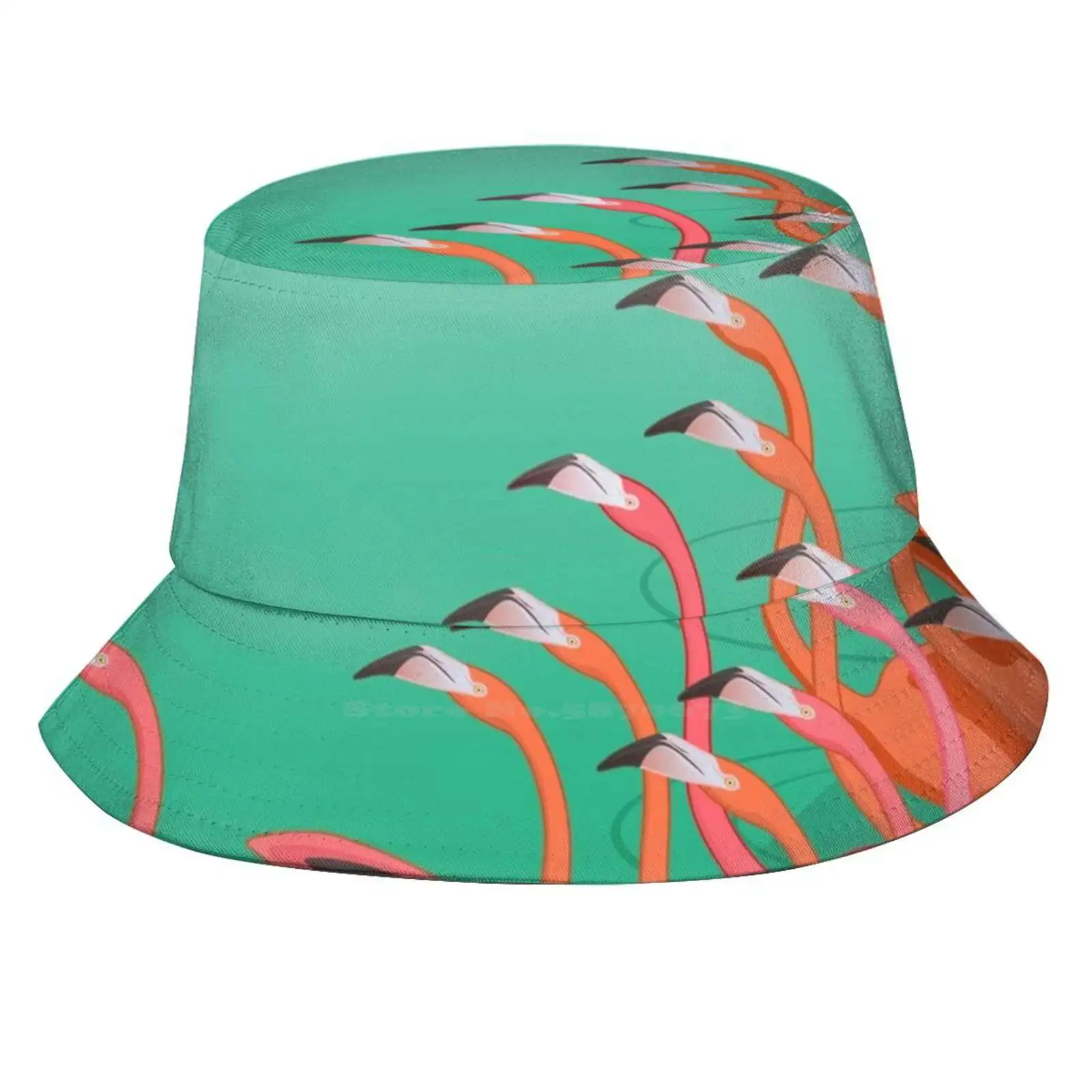 Fresco Of The Flamingoes Print Bucket Hats Sun Cap Pink Fresco Flamingoes Flamenco Bird Cartoony Turquoise Style Stylize Fresh