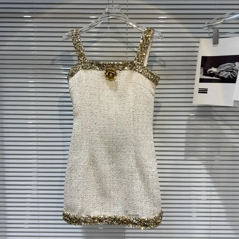 

2024 Summer high-end Light Luxury Sleeveless Slip dress Gold sequin flower decal elegant short mini dress for women