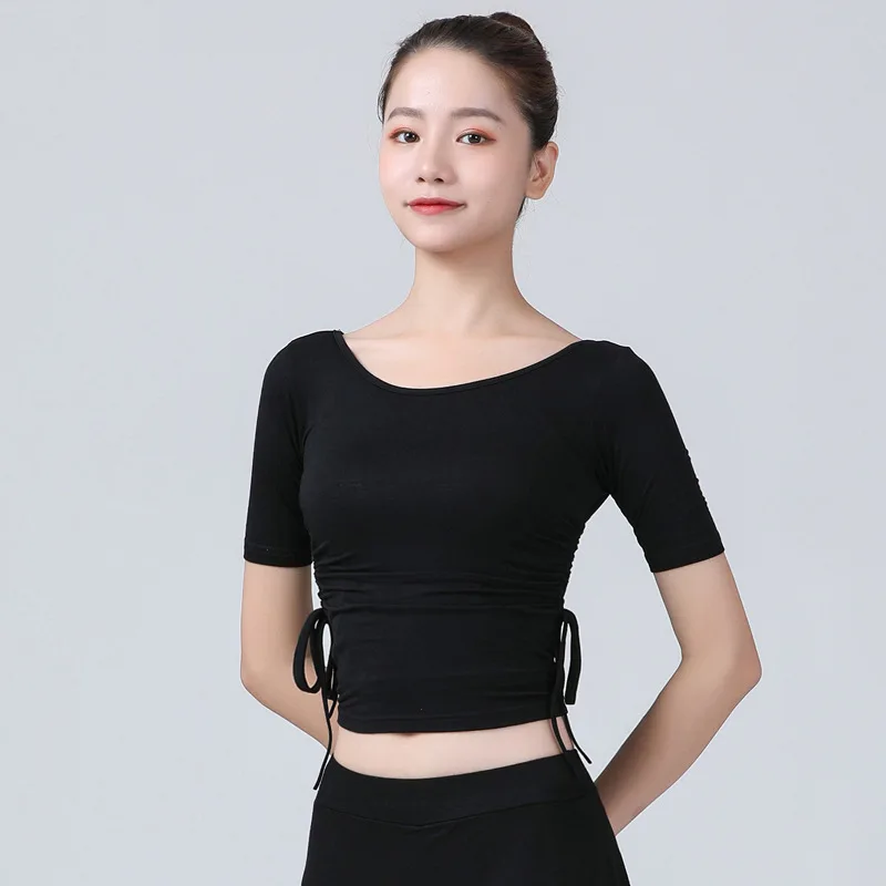 Camicia da ballo da ballo latino sottile con coulisse a maniche corte estiva per adulti da donna Camicia da ballo moderna modale per pratica di danza moderna