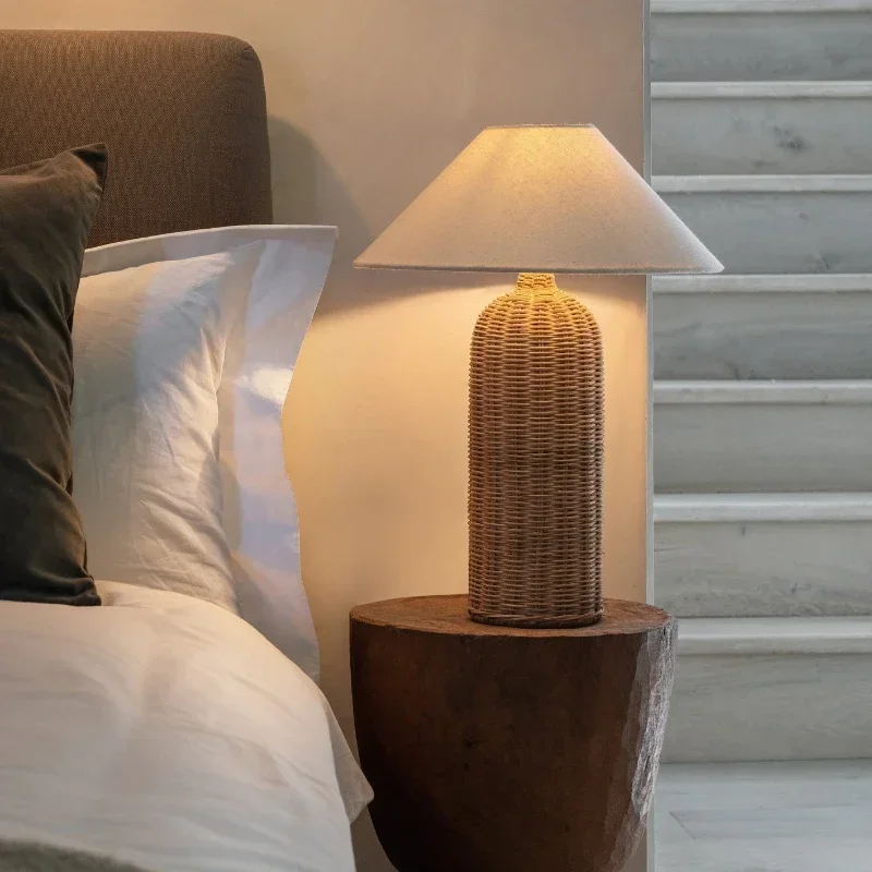 SANDYHA Japanese Rattan Floor Lamp LED Lights Fabric Lampshade for Living Room Bedroom Bedside Nightstand Decorative Lighting