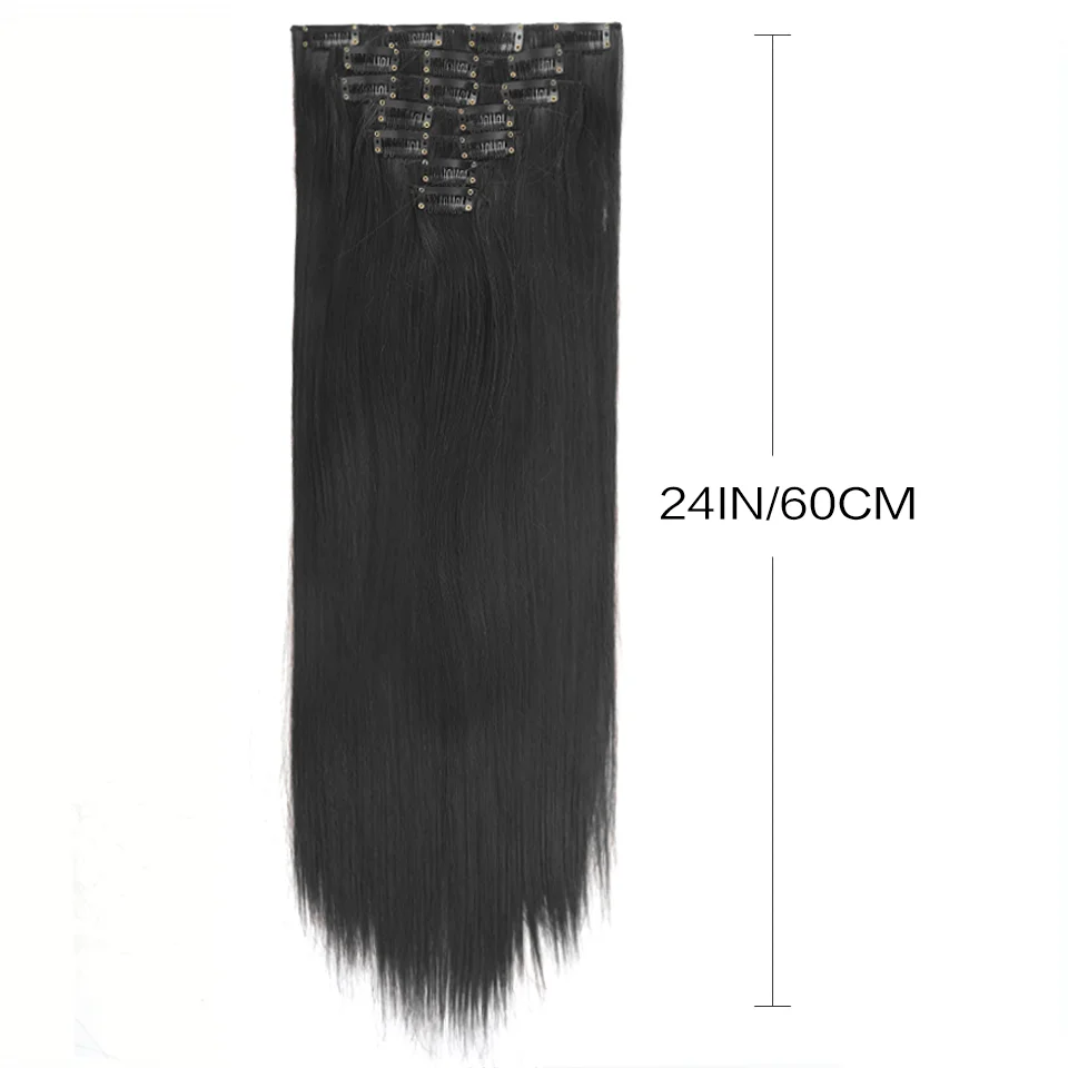 LUPUNatural Black Straight Clip In Hair Extensions 24 Inch 60cm Full Head Clip Ins Hairpieces For Women Daily Wear